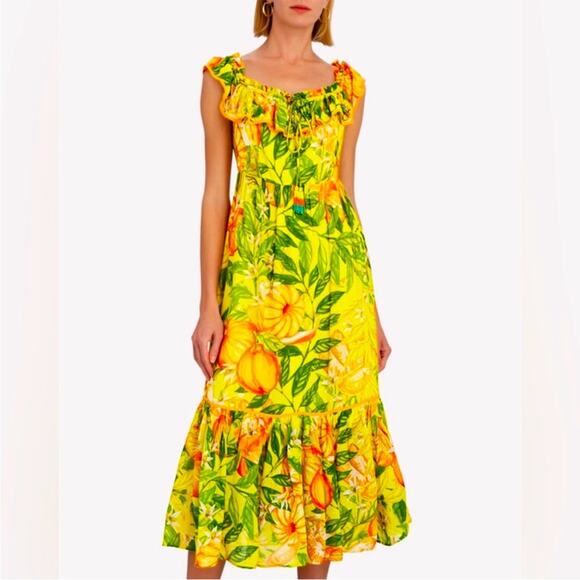 NWOT FARM Rio Tangerine Multi Off Shoulder Tropical Midi Dress XS “RARE" - Picture 2 of 12